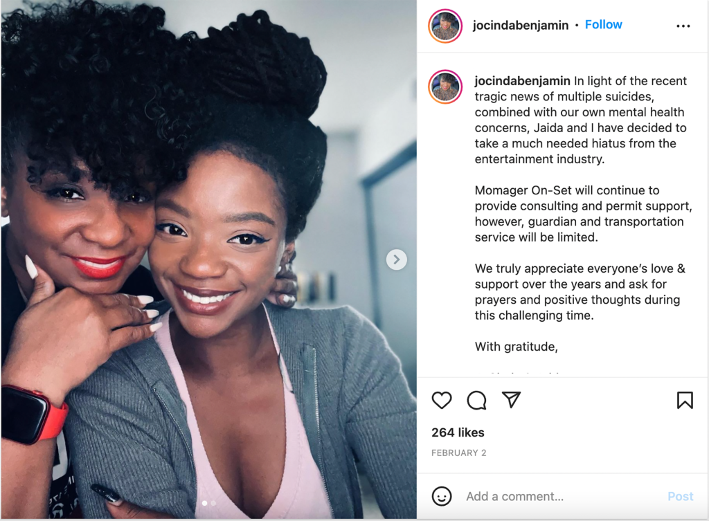 A principios de este mes, Jocinda publicó un mensaje revelador en Instagram detallando la intención de Jaida de tomarse un descanso del entretenimiento.