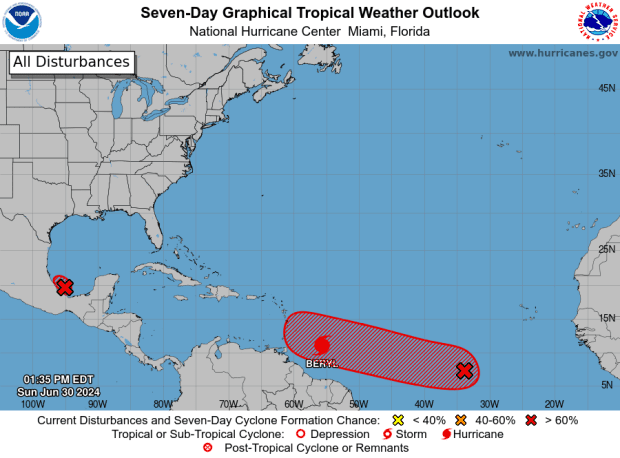 Pronóstico tropical hasta las 2 p.m. del domingo 30 de junio de 2024. (Centro Nacional de Huracanes)