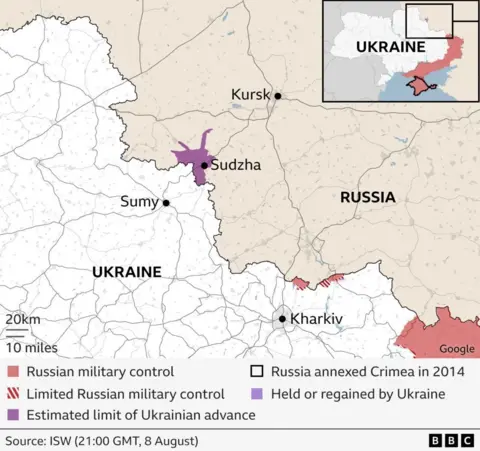 Un diagrama que muestra la región de Kursk y su relación con Ucrania.