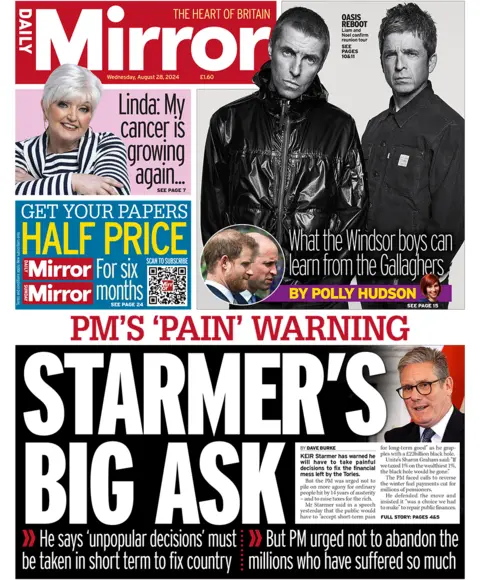 El titular de la portada del Daily Mirror dice: "La gran petición de Starmer..." "La advertencia del primer ministro 