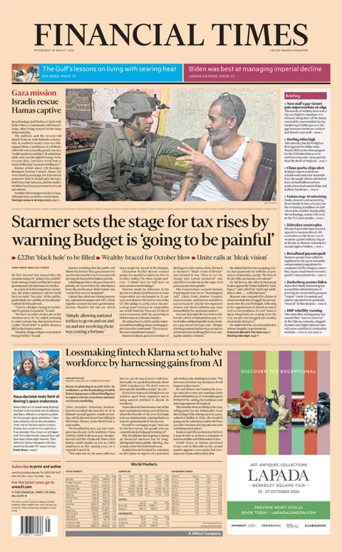 El titular de la portada del Financial Times dice: "Starmer allana el camino para el aumento de impuestos al advertir que el presupuesto 