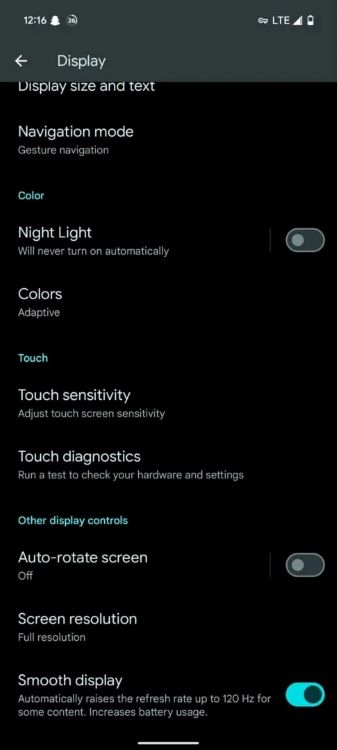 Opción Adaptive Touch en la configuración de pantalla del Pixel 9